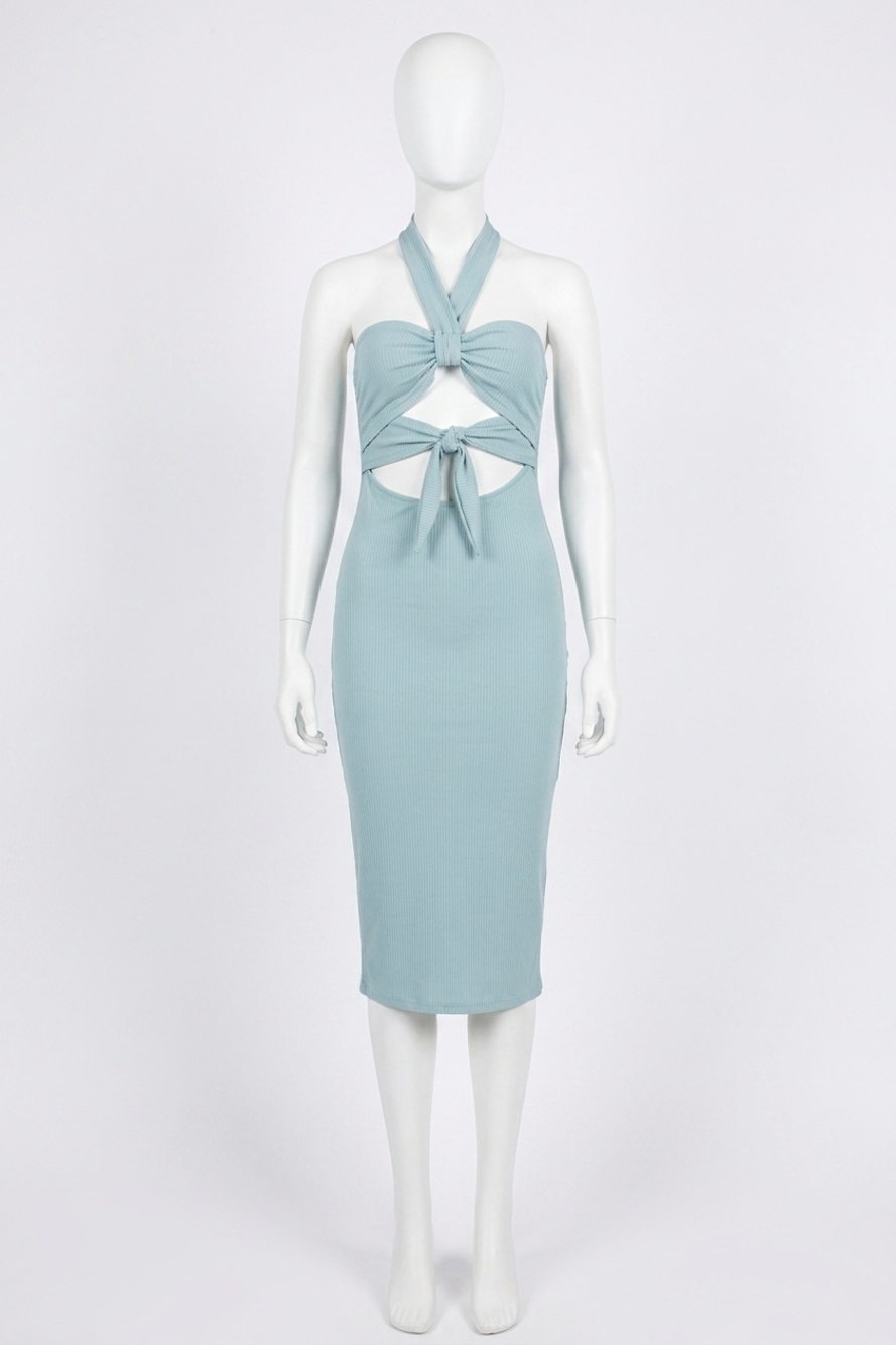 NEW ENDLESS BLU. tie front detail rib bodycon dress in sage
